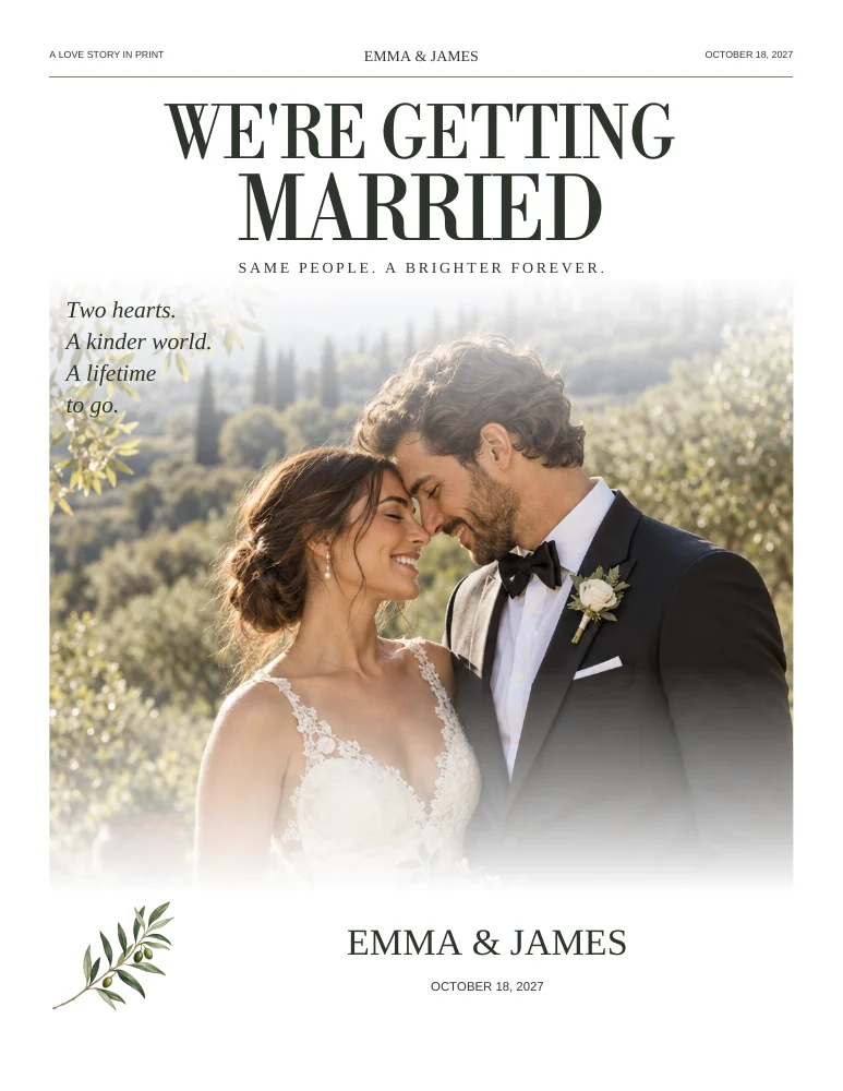 Botanical Minimal four-page wedding newspaper cover design sample