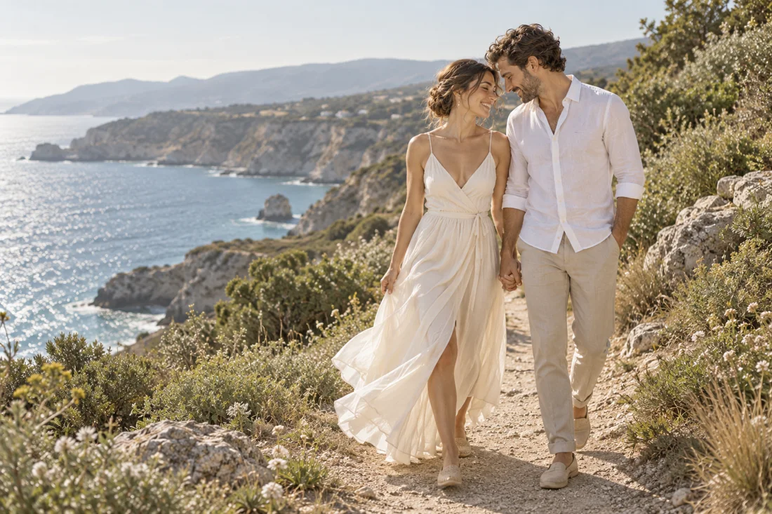 Couple spending time together by the coast — illustrative sample