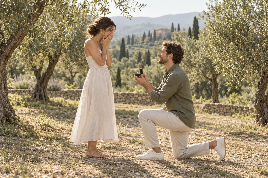 Couple sharing an engagement moment — illustrative sample