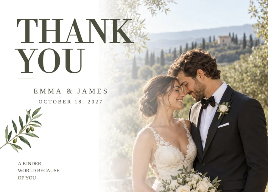Botanical thank-you card with a wedding photograph and a thank-you message