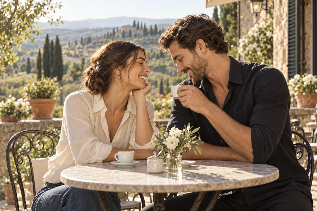 A relaxed moment together at a cafe — illustrative sample