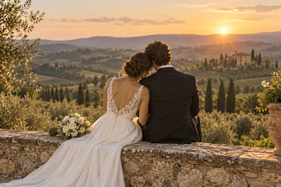 Couple looking toward the sunset — illustrative sample