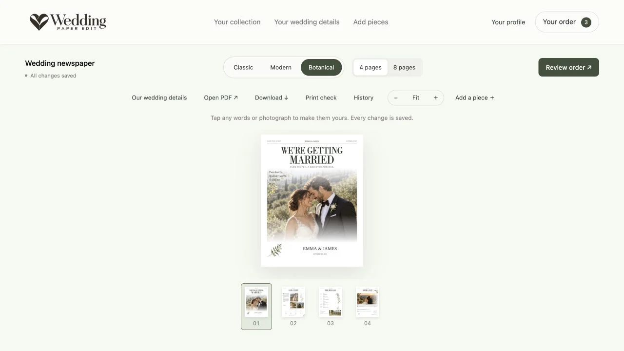 Wedding newspaper editor showing the page preview and page thumbnails