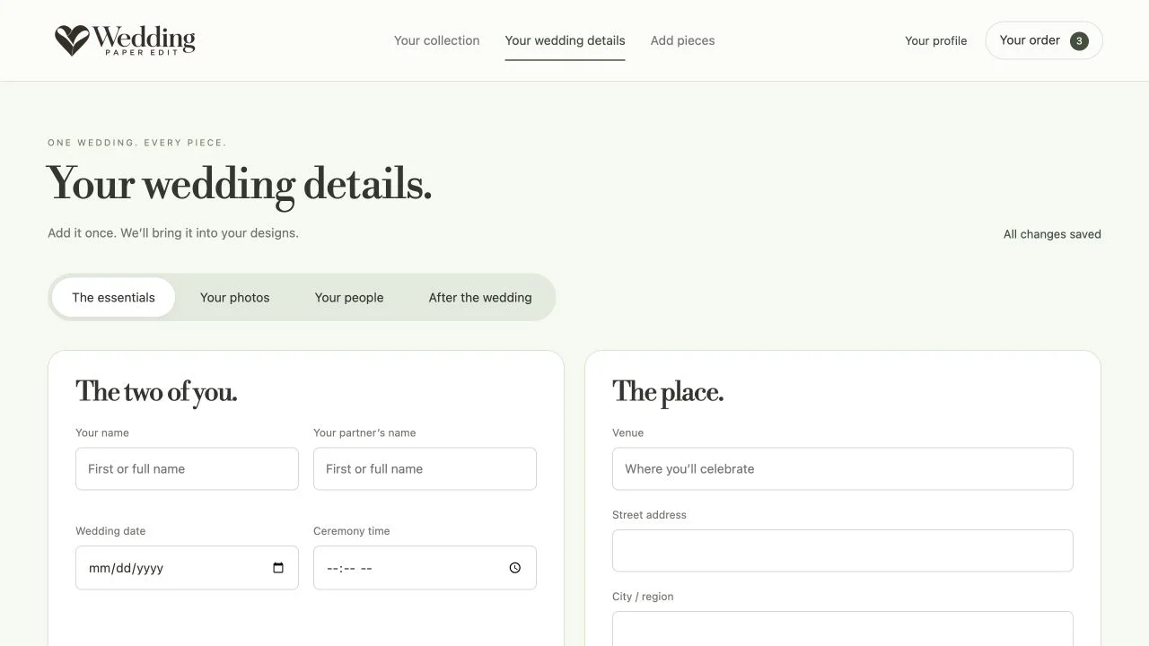 Your wedding details workspace, where shared names, dates and venue information are entered