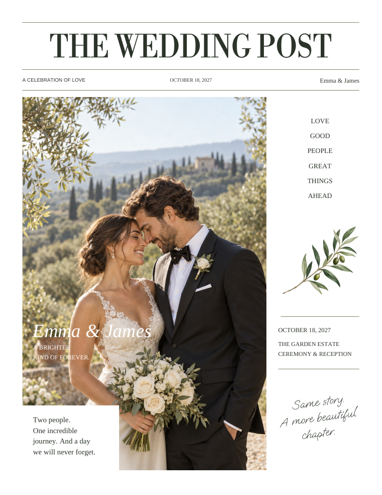 Botanical Minimal Wedding newspaper · 8 pages sample design
